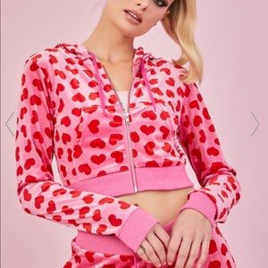 Dollskill Jennifer’s Body Velour Cropped Zip-Up Hoodie Size M-L Pink Red Hearts
